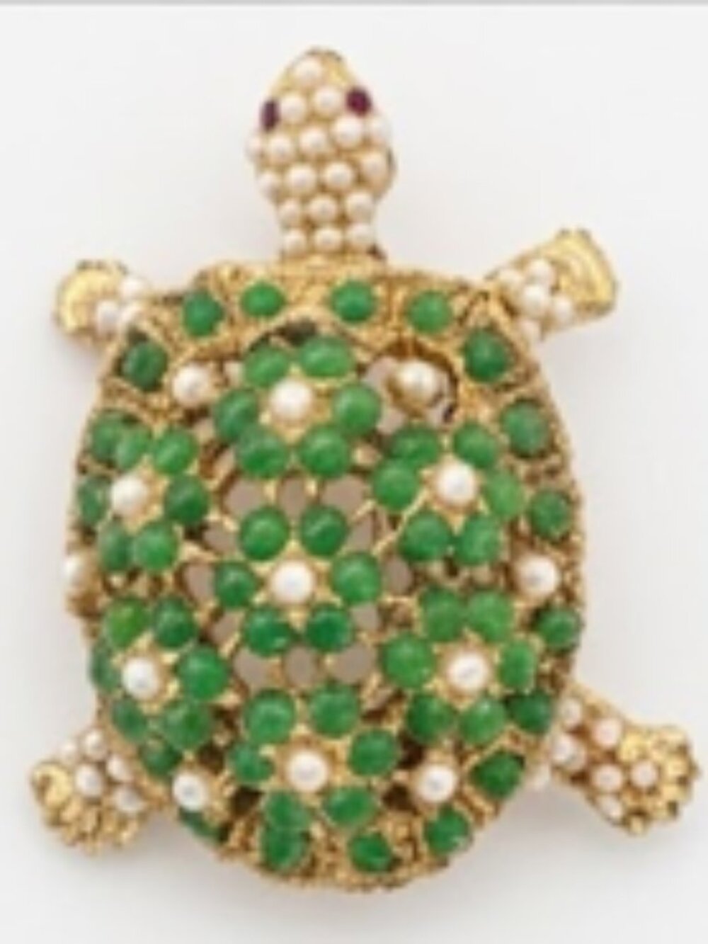 Vintage Faux Pearl & Green Cabochon Turtle Brooch Ciner- Not Marked